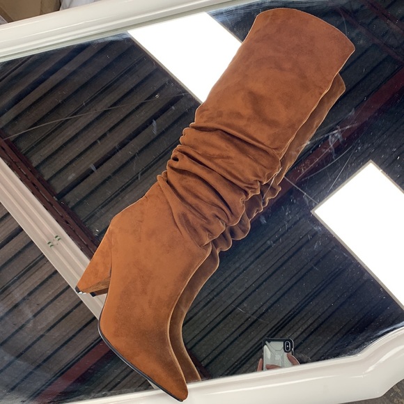 Women’s Cone Heel Knee High Slouchy Boot with Pointed Toe in Camel Faux Suede - Picture 8 of 14